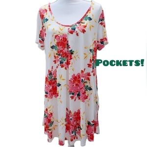 Floral Red and White Trapeze Dress with Pockets Summer Spring 3XL